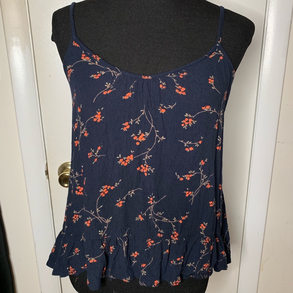 Volcom Navy Floral Ruffle Tank Blouse